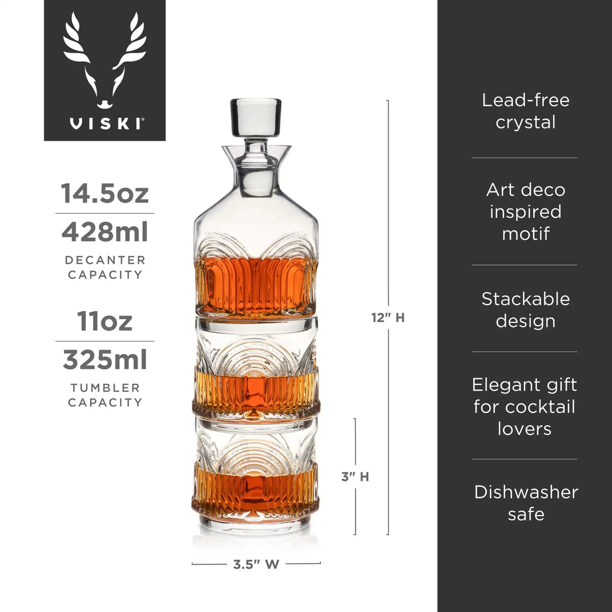 Viski Beau Stacking Decanter Set dimensions and specs 14.5oz decanter 11oz tumblers 12 inches stacked height