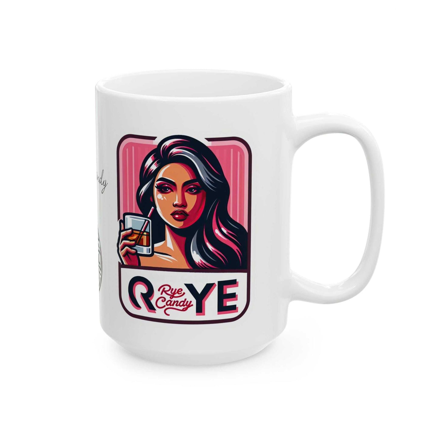 Angled view of the 15oz Whiskey Mug Delight Rye Candy ceramic mug, featuring eye-catching design for whiskey gift collections.