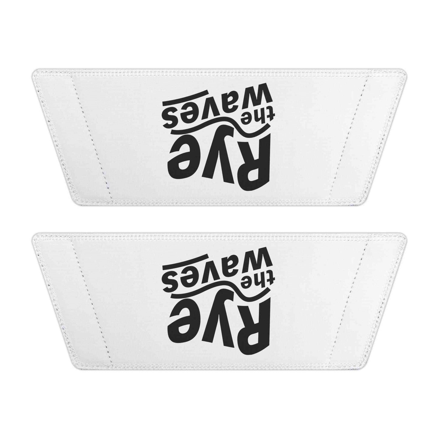 Close-up of detachable white sandal straps with 'Rye the Waves' print, part of the customizable Whiskey Beach Sandals for Men.