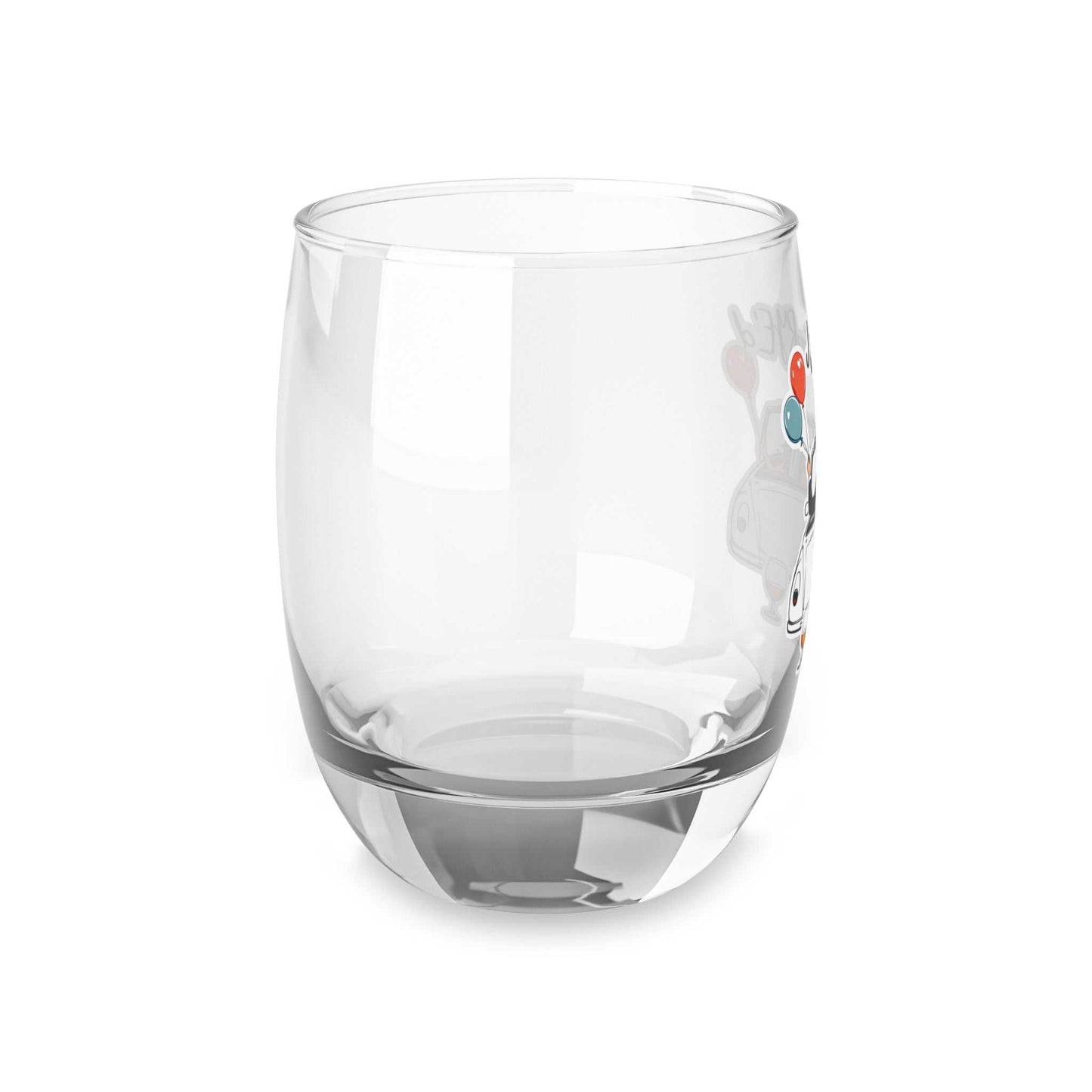 Angled side view of the Wedding “Just MaRYE’d” whiskey glass highlighting the glossy finish and partial wedding-themed illustration.