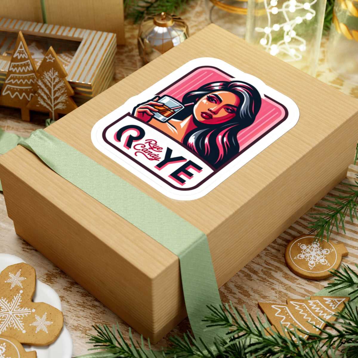 Rye Candy Whiskey Sticker decorates a festive gift box, ideal for journal decoration, laptop decals, or small gifts for whiskey enthusiasts.