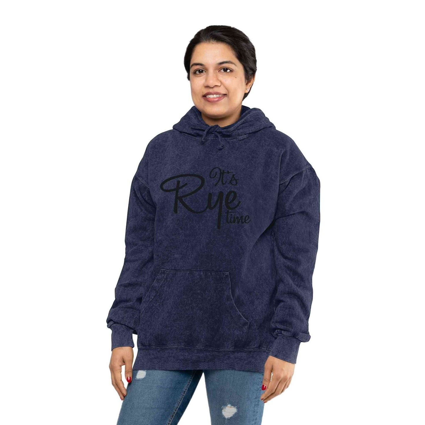 Woman wearing navy Mineral Wash Whiskey Hoodie with 'It's Rye Time' slogan, a stylish and cozy gift for whiskey lovers.