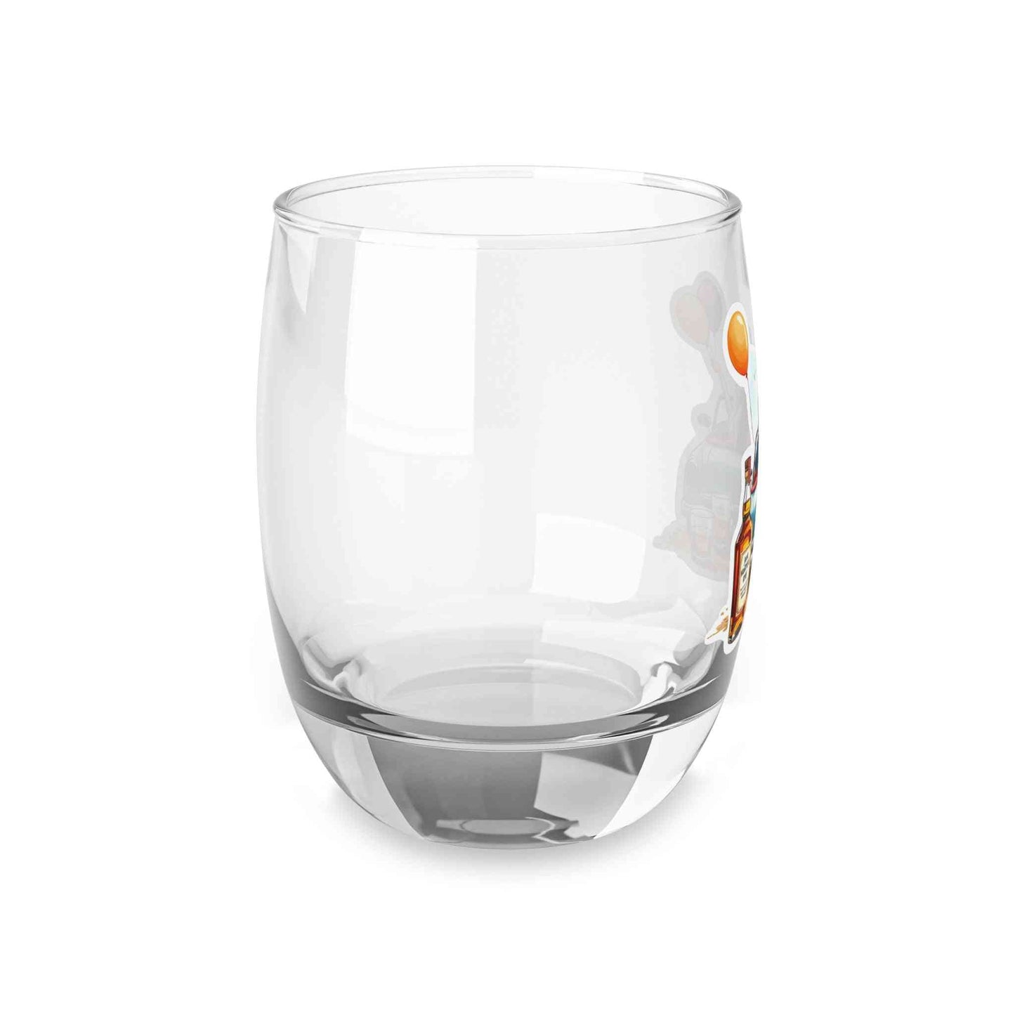 Angled side view of the unique “Just MaRYE’d” whiskey glass highlighting the colorful wedding-themed artwork and glossy finish.