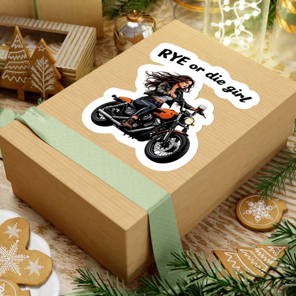 Ride or Die Stickers Perfect for Whiskey Lovers enhancing a holiday gift box, with a fierce motorcycle girl and rye whiskey-themed message.