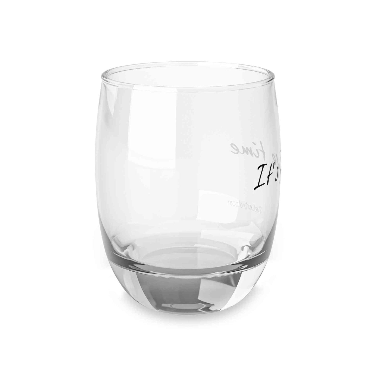 Angled view of “It’s Rye Time” Humor Whiskey Glass emphasizing its modern shape and humorous text, great for personalized barware gifts.