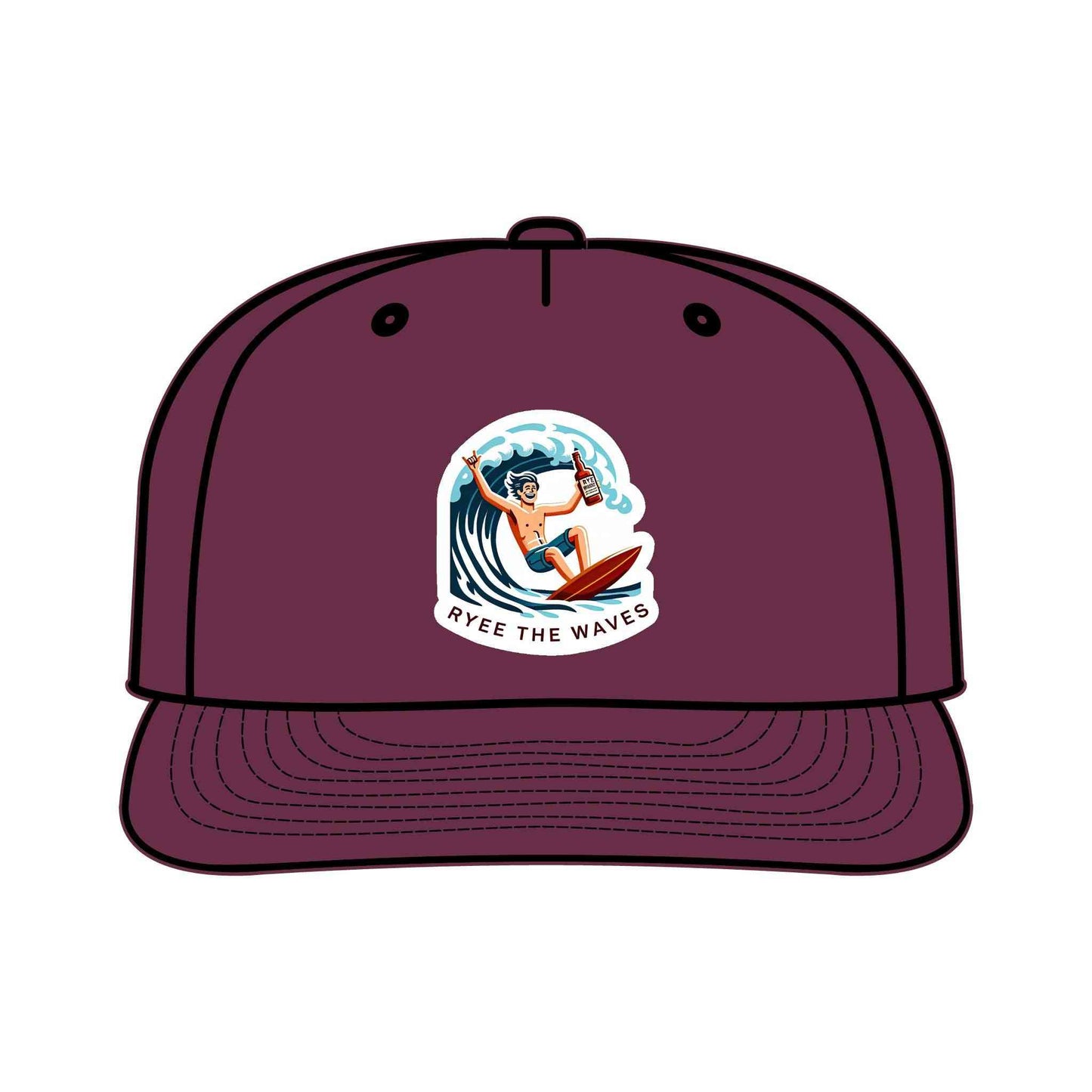 Maroon Funny Surf Drinking Hat with fun surfer graphic and 'Ryee The Waves' text. Recycled nylon cap for sustainable and stylish adventures.