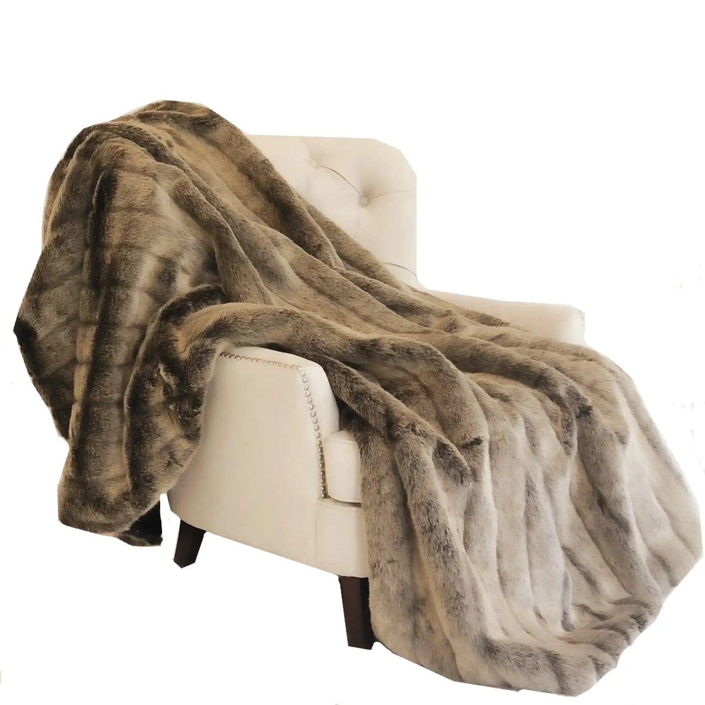 Frost Mink Dark Brown Faux Fur Throw by RyeCentral, styled on a white accent chair for a warm, inviting home & garden aesthetic.