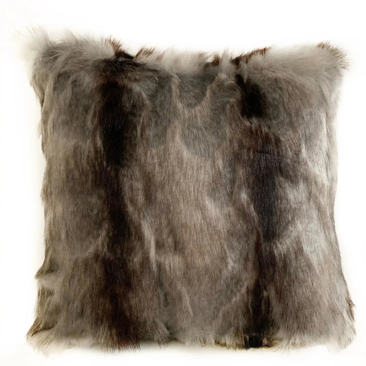 Luxury faux fur throw pillow with a rich blend of brown and gray tones, perfect for adding elegance to home decor and cozy lounge spaces.