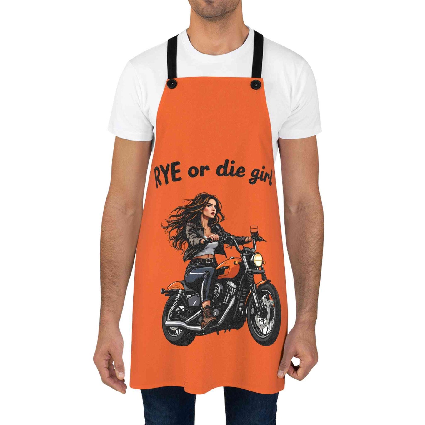 Man modeling the 'RYE or die girl' whiskey apron, showcasing bold biker artwork and vibrant color, great for grilling or bartending events.