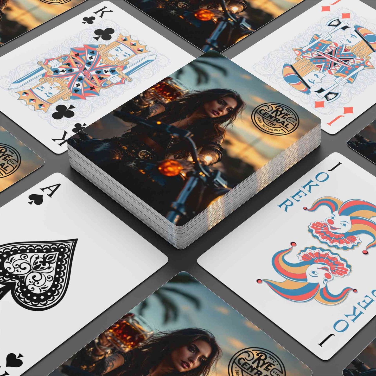 Full deck of Rye or Die Whiskey Playing Cards displayed with custom artwork, including jokers, face cards, and themed card backs.