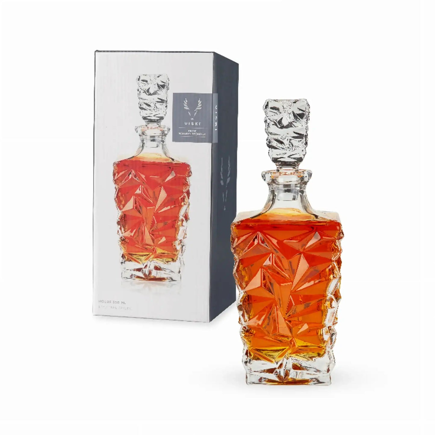 Viski Prism Decanter front view – faceted crystal whiskey decanter with stopper, 29 oz capacity for home bar
