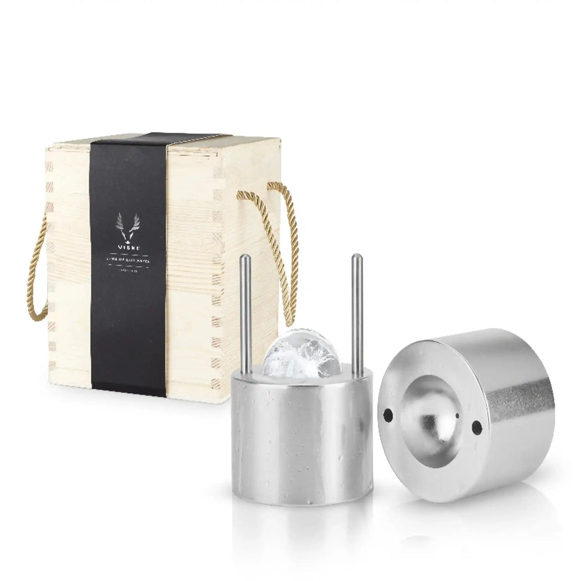 Premium Viski Ice Ball Maker bar accessory with sleek aluminum mold and elegant wooden packaging, perfect for home and garden kitchen use.