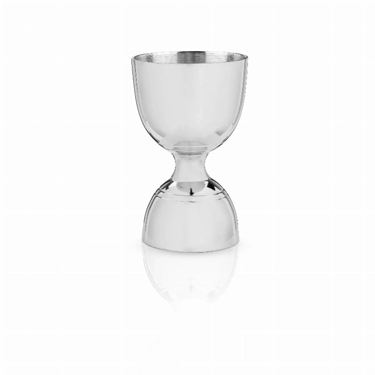 Polished Stainless Steel Canterbury Jigger by Viski with dual-sided measurement. A premium bar accessory for home and professional mixology setups.