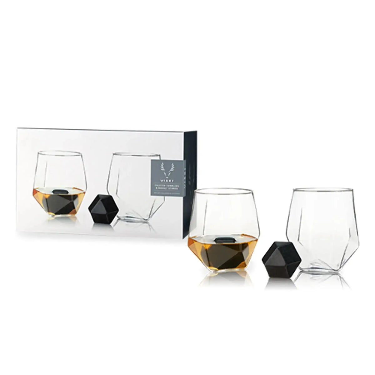 Hexagonal Stone Whiskey Glass Set with Basalt Stones