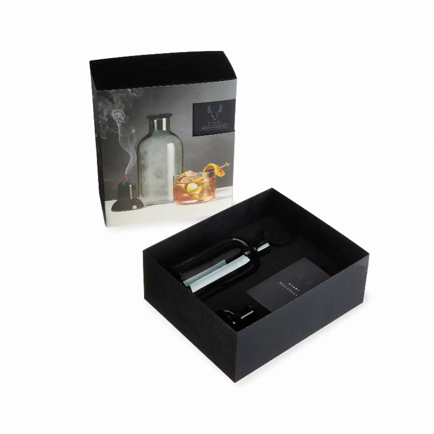 Viski smoked cocktail kit unboxed showing smoky glass carafe and silicone stopper for smoke-infused rye cocktails