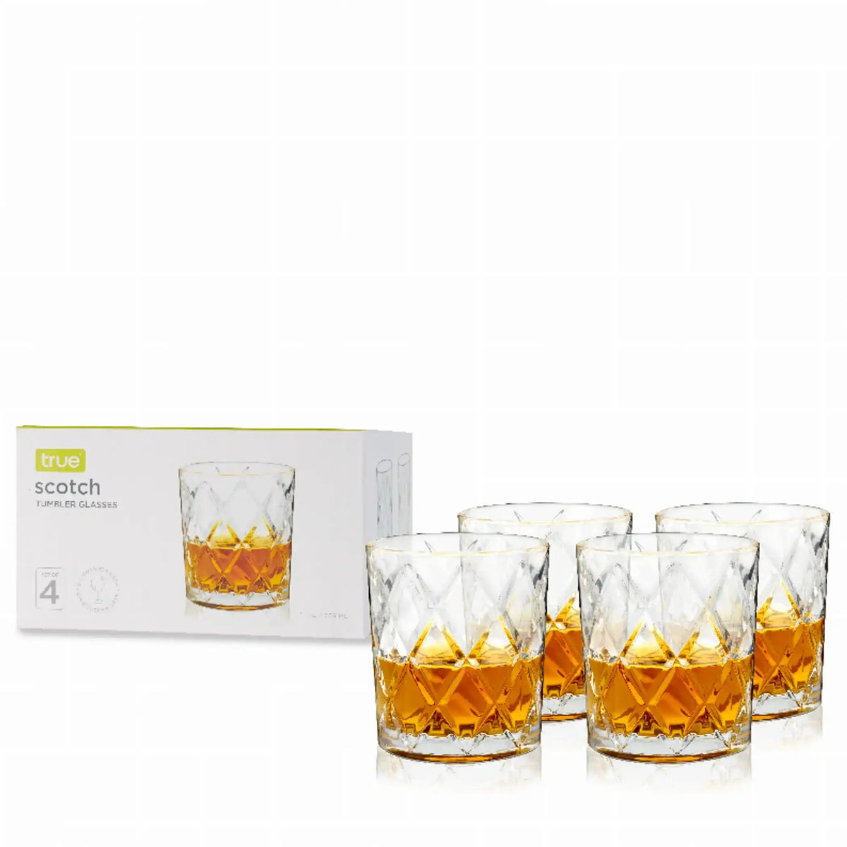 Elegant Scotch Glasses By True featuring crystal-clear glass and stylish packaging, perfect for whiskey or cocktail serving at home.