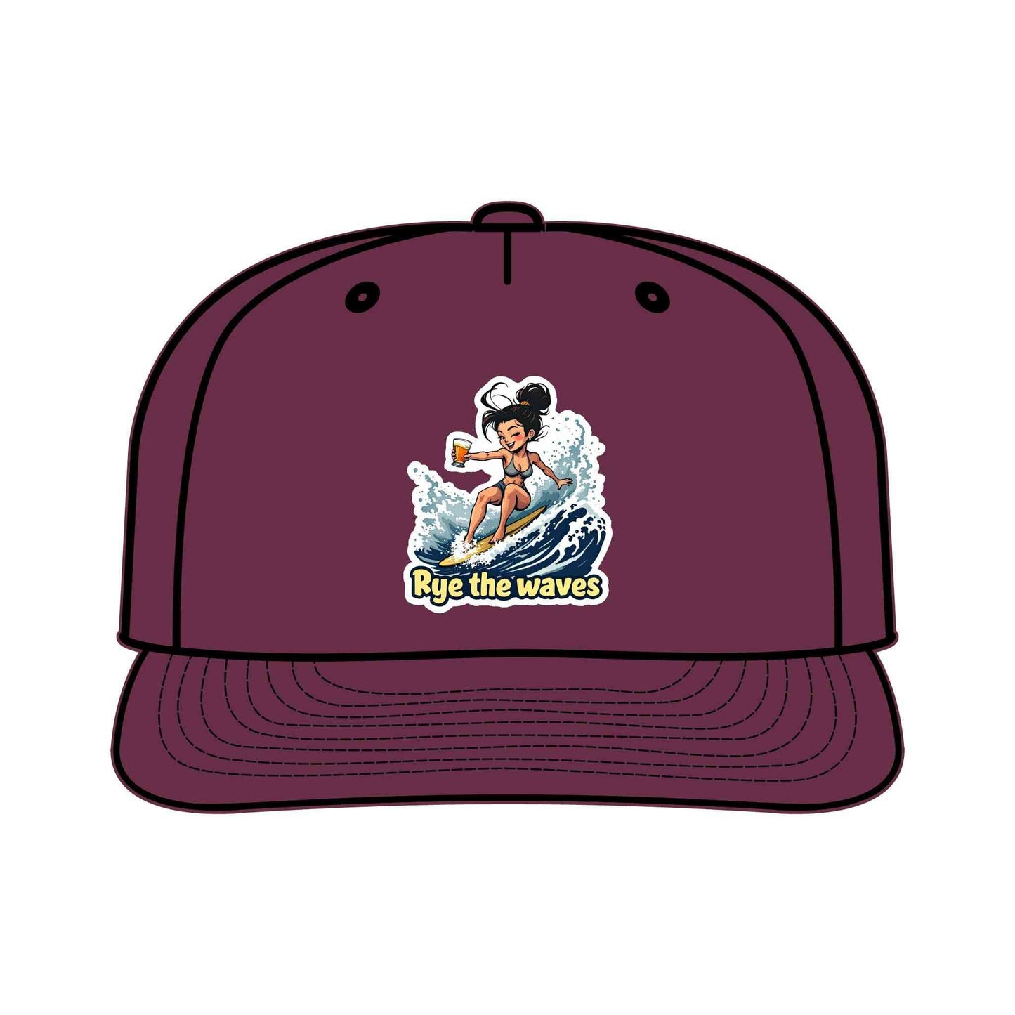 Maroon Surfers Drinking Hat Eco-Friendly Adventure Cap with bold surf graphic and sustainable design for beach and outdoor use.