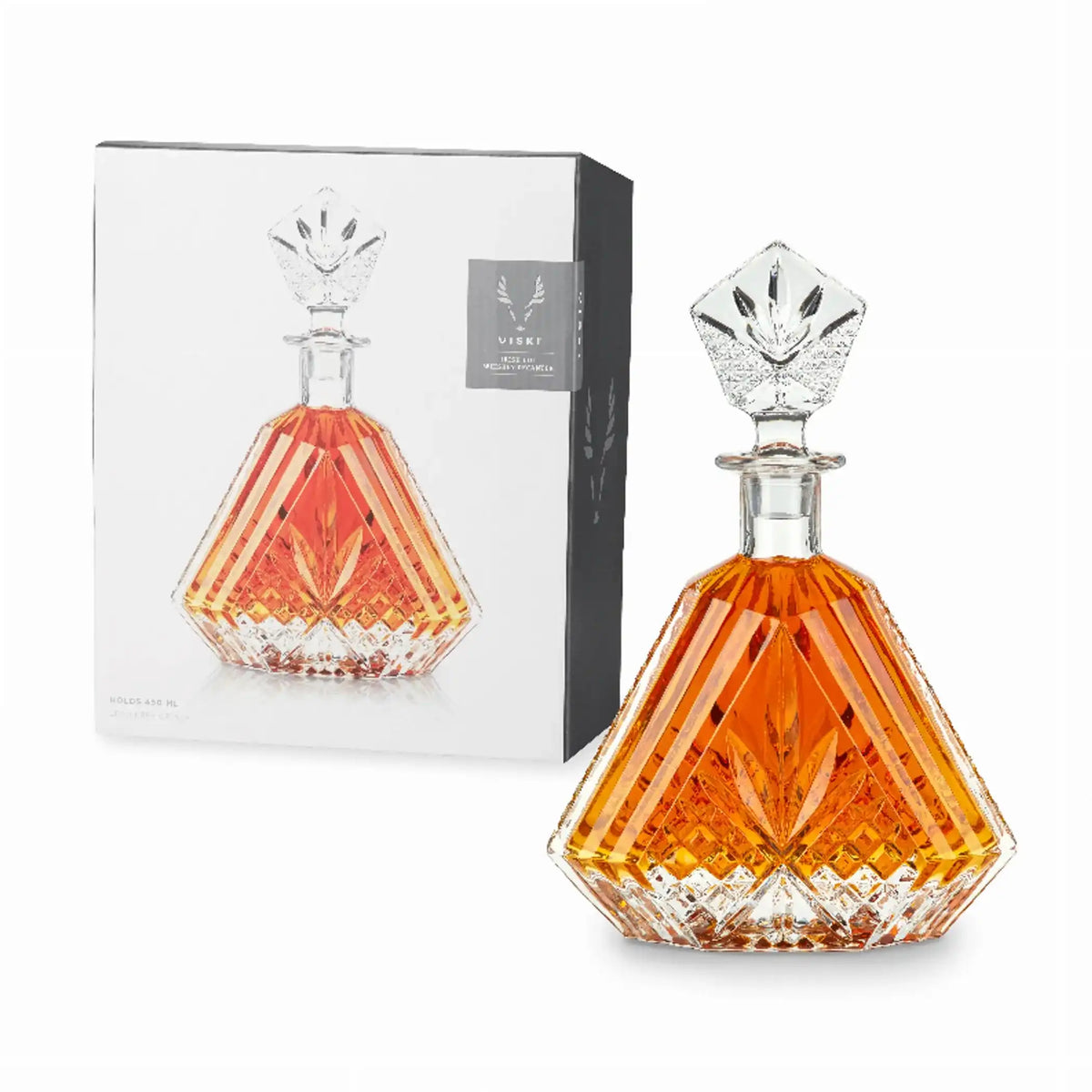 Elegant 450ml lead-free crystal Irish Cut Whiskey Decanter by Viski, ideal for bar accessories and home decor, displayed with branded box.