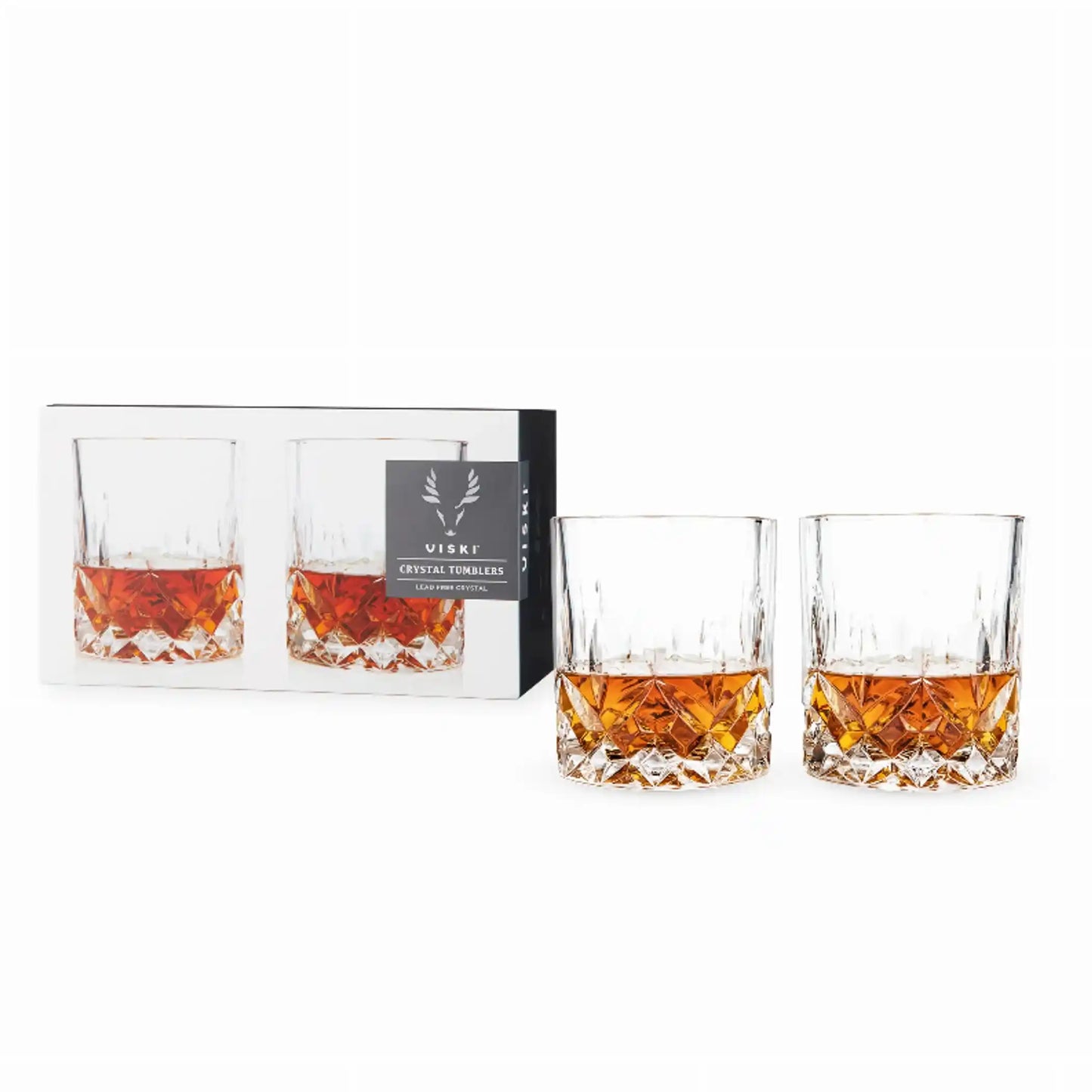 Set of Admiral Crystal Tumblers by Viski, premium drinkware for home bars, includes two crystal stemless cocktail glasses in elegant gift box.