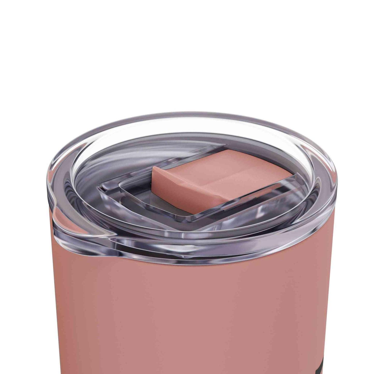 Skinny travel whiskey tumbler in matte rose with clear lid and sliding closure, perfect for stylish adventures and on-the-go sipping.