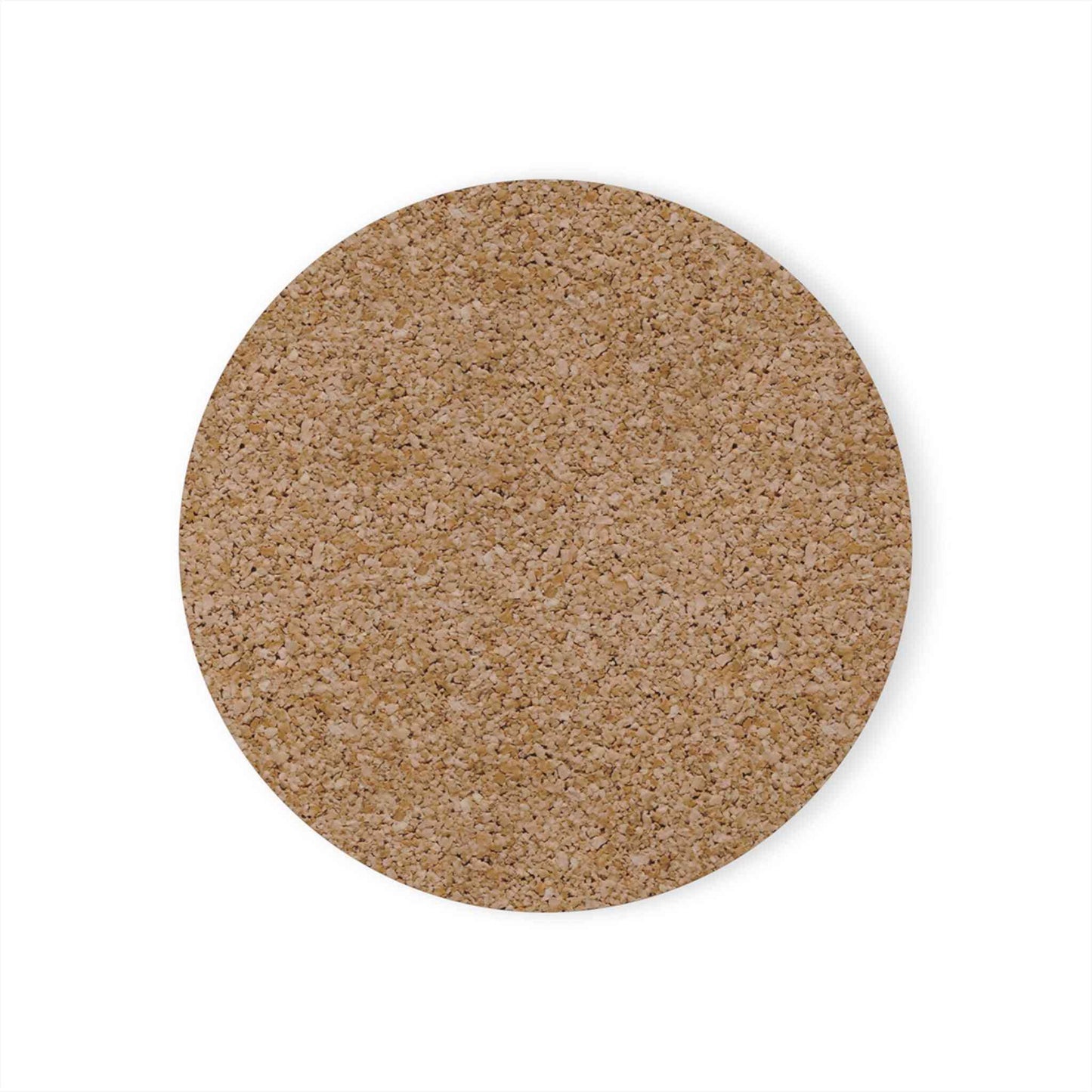Back view of round cork drink coaster showing natural cork texture, ideal for protecting surfaces in home or bar settings.