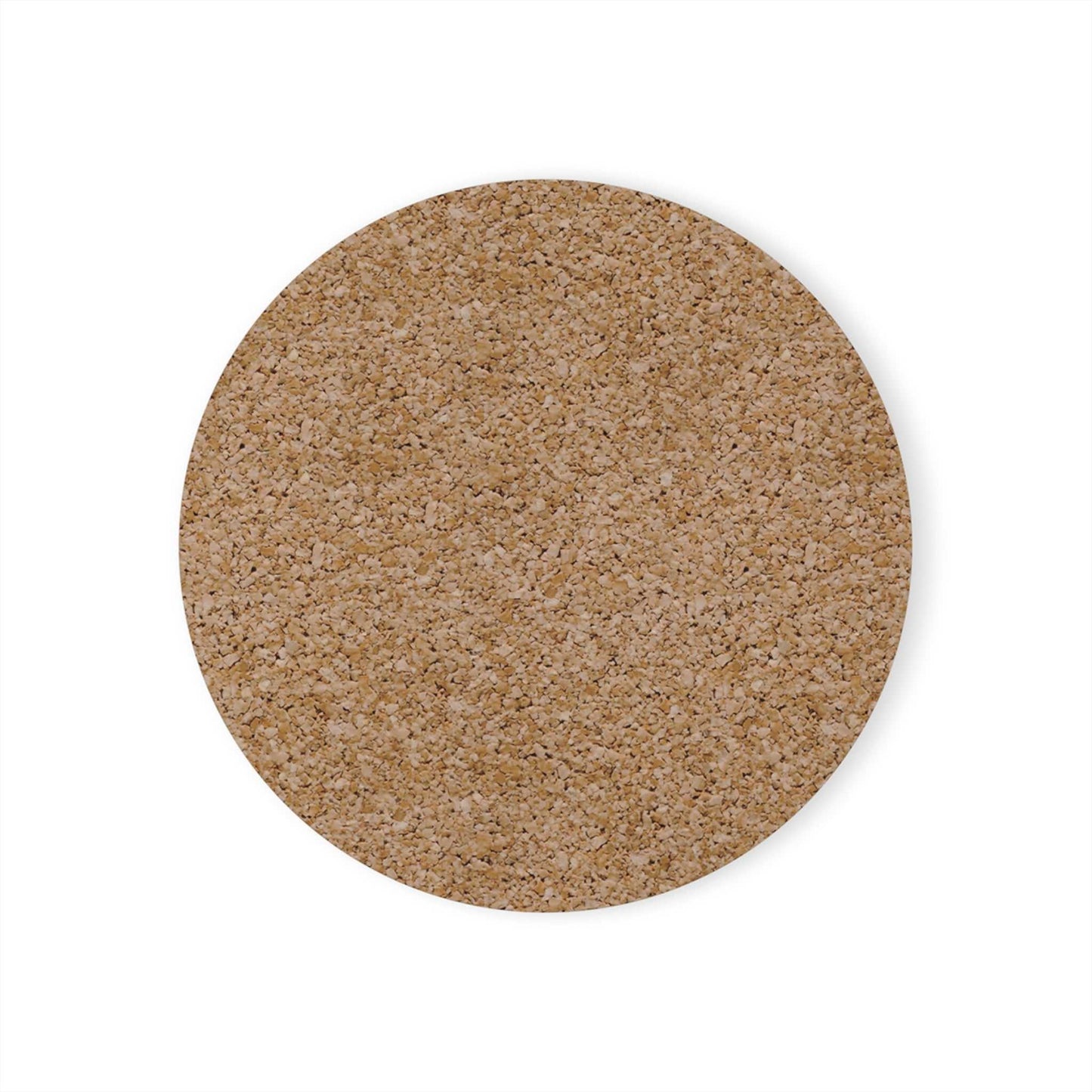 Back view of round cork drink coaster showing natural cork texture, ideal for protecting surfaces in home or bar settings.