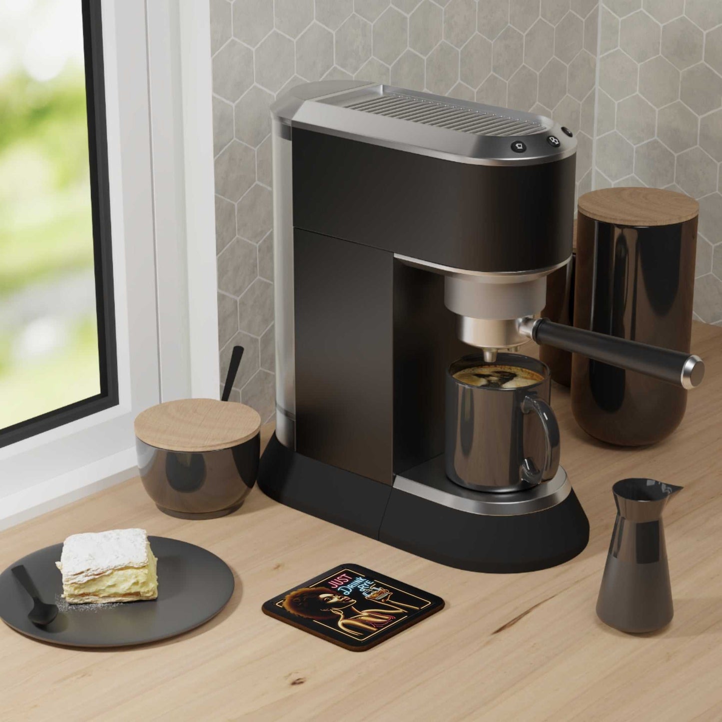 Rye Whiskey Drink Coaster placed beside a coffee machine on a kitchen counter, blending decor and function for elegant drinkware protection.