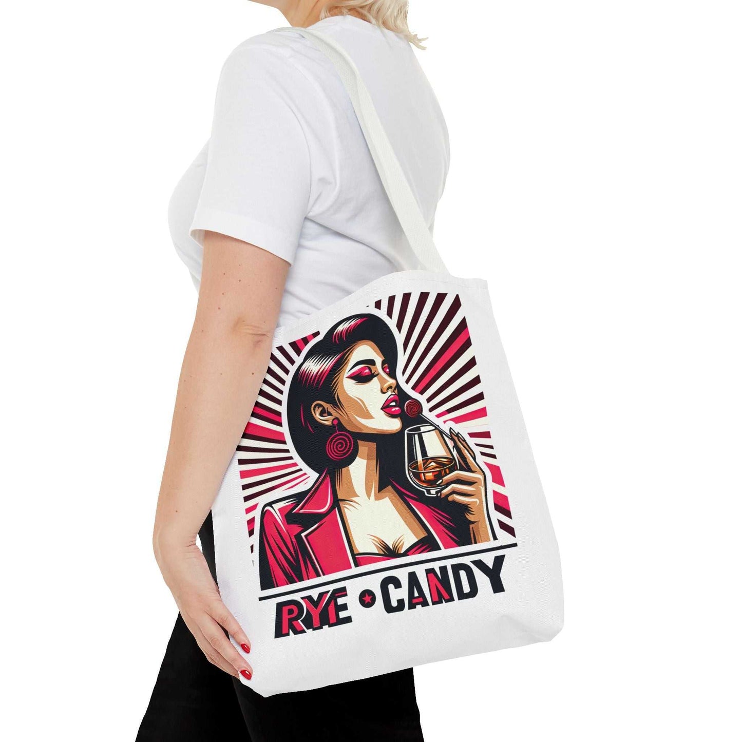 Woman carrying the Rye Candy Whiskey Tote Bag over shoulder, featuring vibrant whiskey-themed artwork for stylish everyday use.