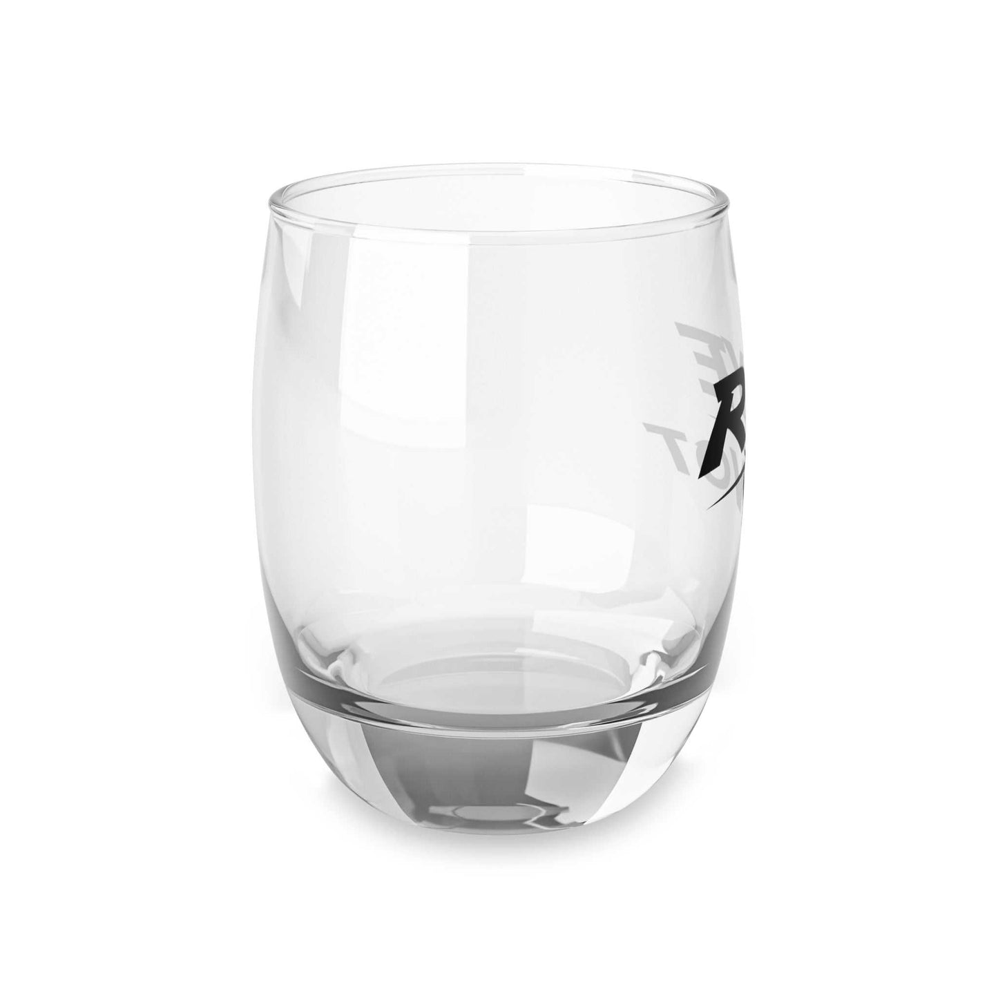 Angled side view of the personalized 'Rye Not' whiskey glass, highlighting its unique print and premium glassware craftsmanship.