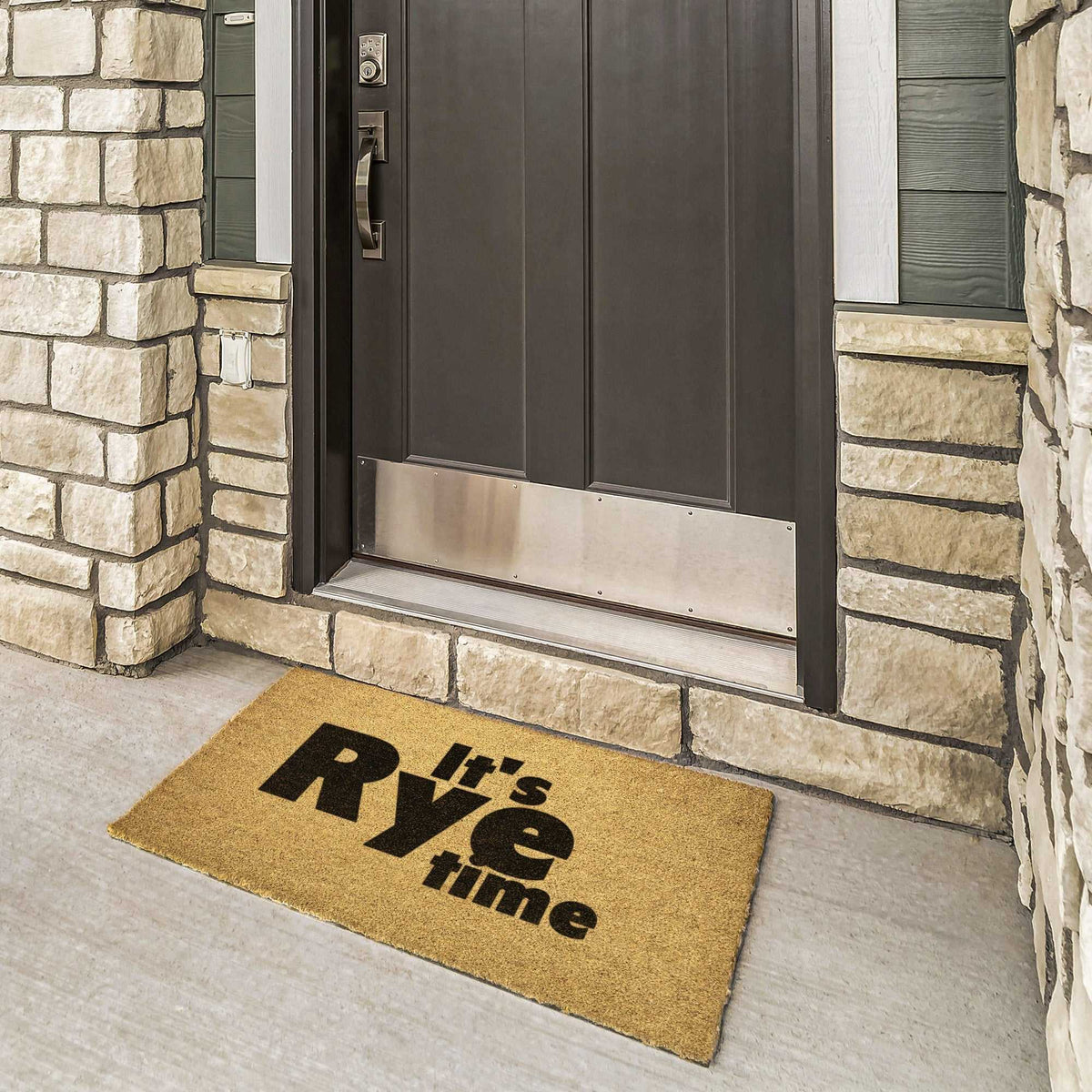 Whiskey Lover Doormat Add Charm to Your Home Entrance at entryway with rustic stone walls, ideal for indoor or outdoor whiskey lovers.