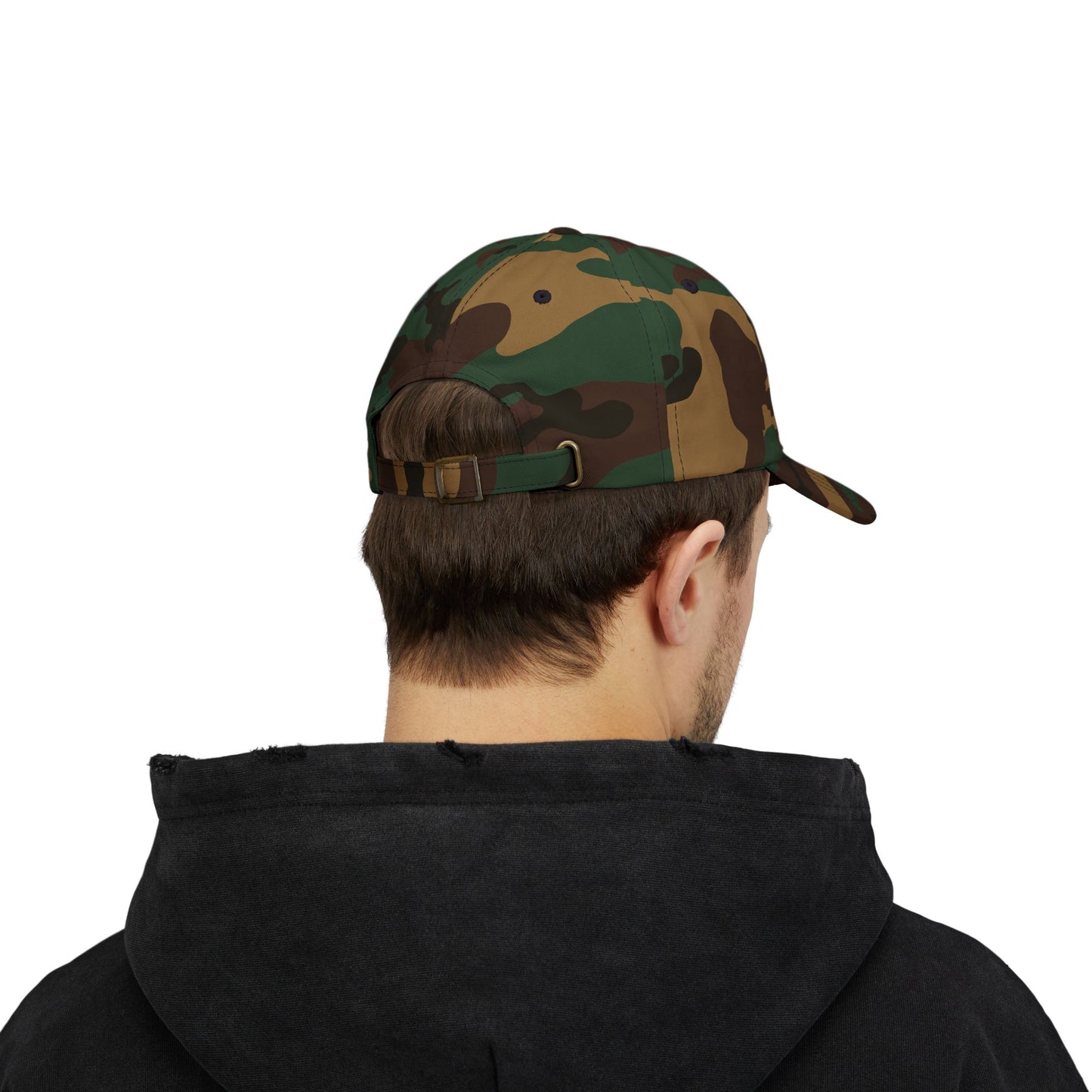"Green Camo Rye Whiskey Golf Hat - Side View Showing Antique Brass Buckle"