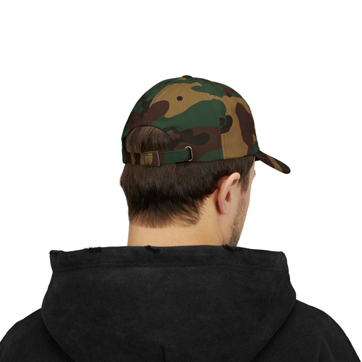 Back view of Golf Dad Cap Stylish Rye Whiskey Accessory in camo design, featuring adjustable strap for a custom fit, modeled with casual wear.