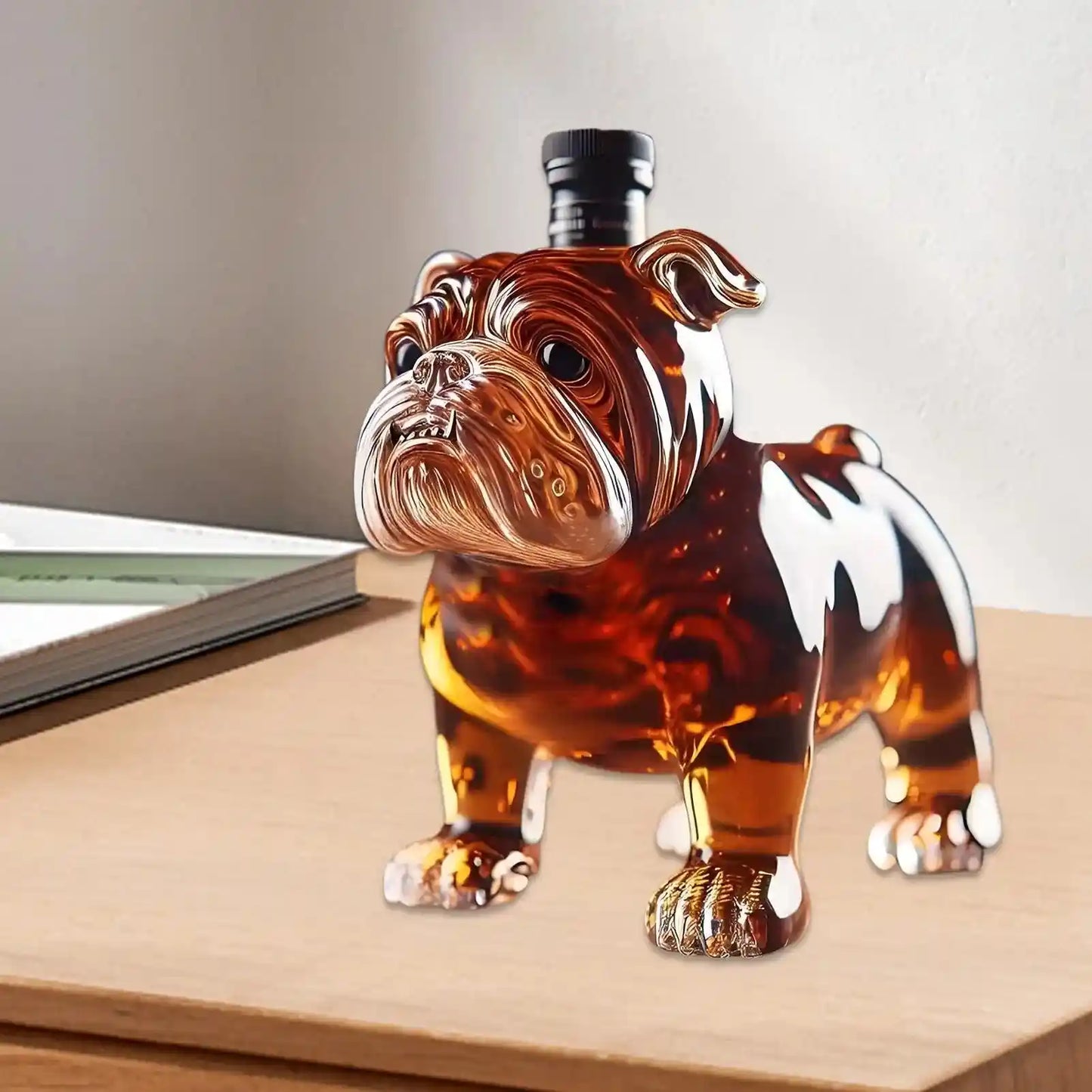Whiskey Bottle Dog Decanter on wooden table, a collectible novelty glass item for Father's Day, weddings, or bachelor parties.