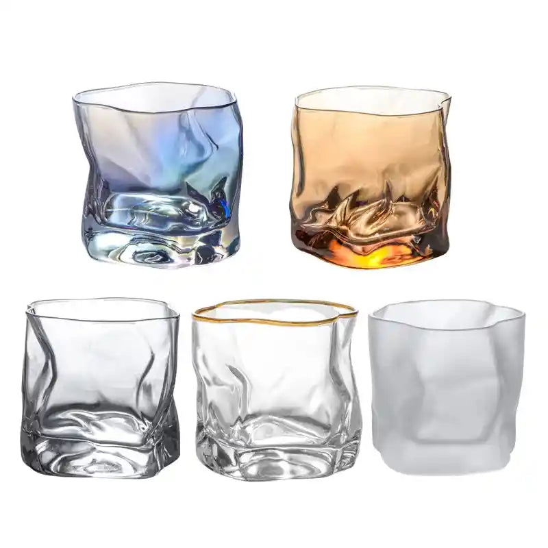 Set of five Japanese style twisted drinking glasses in various colors, ideal for whiskey, scotch, and cocktail drinks at home bars.