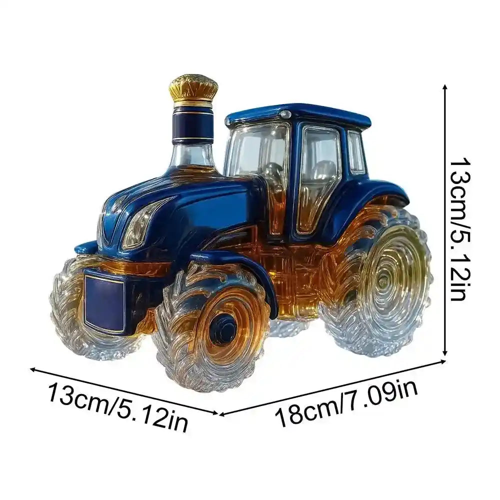 Blue and amber glass tractor decanter with crown stopper, 13x18cm, perfect for elegant whiskey and wine presentation.