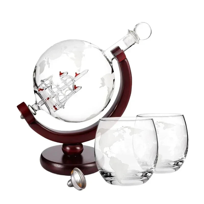 Globe Whiskey Decanter Set with Wood Stand (900ml)