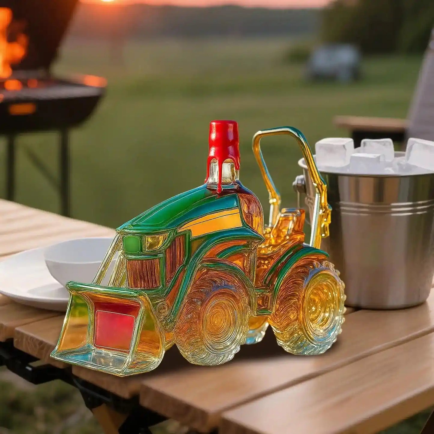 Red cap version of 3D tractor decanter on a picnic table, ideal for whiskey storage and novelty gifting.