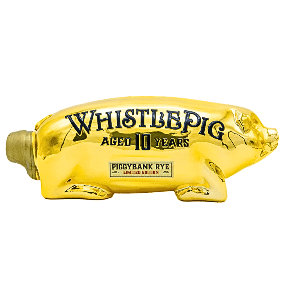 Gold piggy bank whiskey decanter for WhistlePig 10 Year Rye review