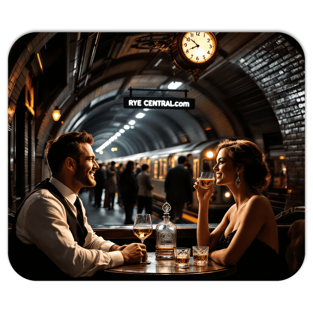 Whiskey Mousepad Comfort and Style for Your Workspace featuring a stylish couple enjoying whiskey in a vintage train station setting. Ideal for adding elegance to your desk.