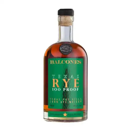 Balcones 100 Proof Rye Whiskey bottle featuring bold Texas branding and 50% ABV, ideal for rye whiskey lovers seeking rich, spicy flavor profiles.