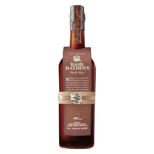 Basil Hayden Dark Rye Whiskey bottle — a blend of Kentucky straight rye, Canadian rye, and California port wine with a fruity, spiced finish.