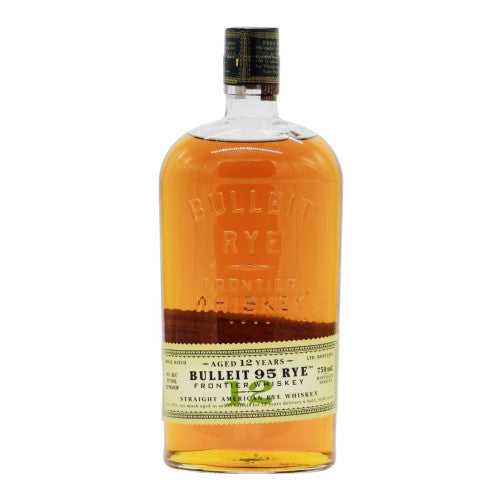Bulleit 12 Year Rye Whiskey bottle with golden amber color and embossed branding, featured in a premium rye whiskey review for flavor insights.
