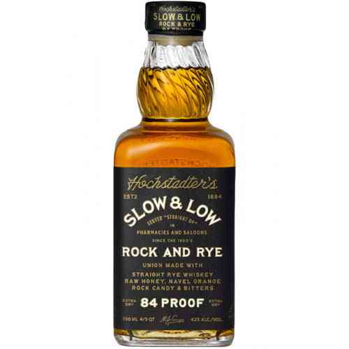 Hochstadter's Slow & Low Rock and Rye Whiskey bottle, 84 proof blend with straight rye whiskey, raw honey, navel orange, rock candy, and bitters.