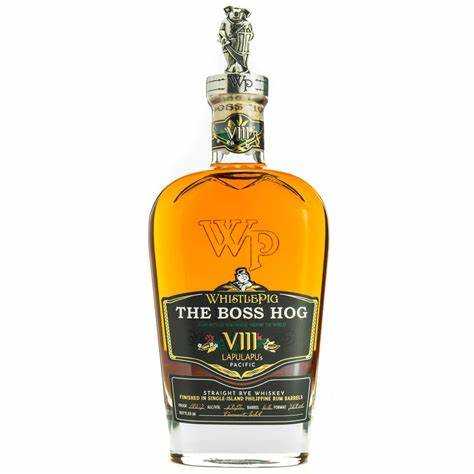Whistlepig Boss Hog VIII Rye bottle featuring bold label design and unique Lapulapu Pacific finish, highlighted in expert whiskey review analysis.