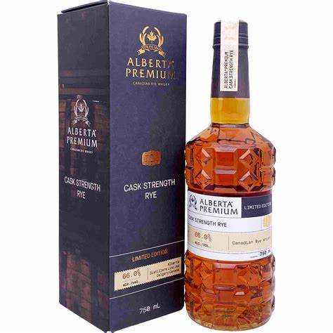 Alberta Premium Cask Strength Canadian rye whisky 750 ml bottle beside its Limited Edition presentation box, labelled 66.0% ABV