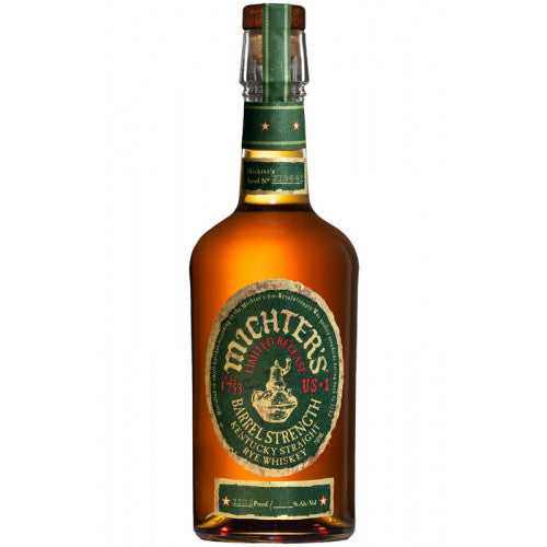 Michter's Barrel Strength Rye Whiskey bottle with green and gold label, ideal for spice lovers seeking bold, complex rye flavors and a warm finish.