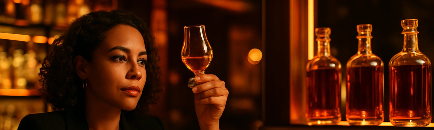 Woman appraising a Glencairn of rye beside rim-lit whiskey bottles