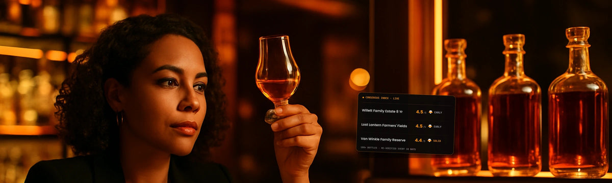 Woman appraising a Glencairn of rye beside rim-lit whiskey bottles