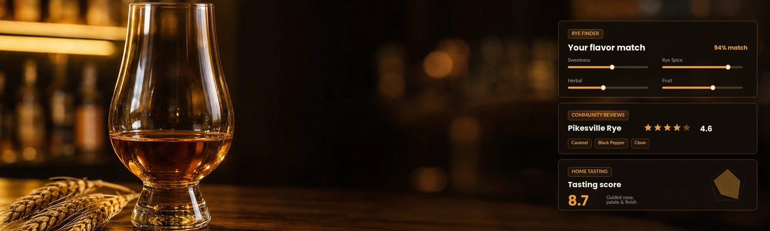 Glowing Glencairn of rye with tasting journal and beginner flight