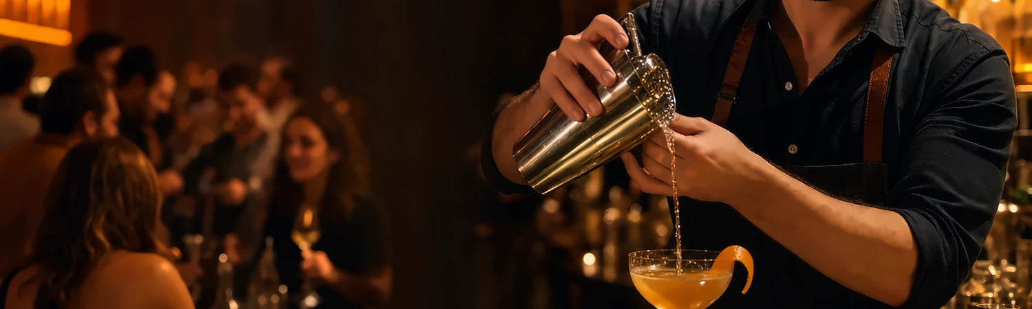 Mixologist stirring a rye cocktail in a crystal mixing glass at a warm bar